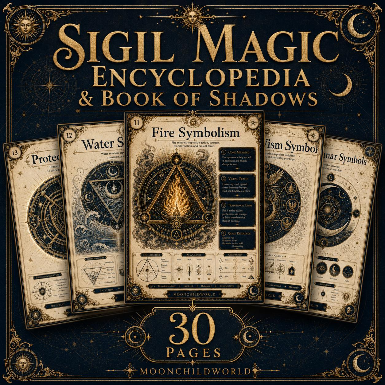 Aged parchment pages featuring intricate occult sigils, geometric symbols, and celestial illustrations in a 30-page grimoire.