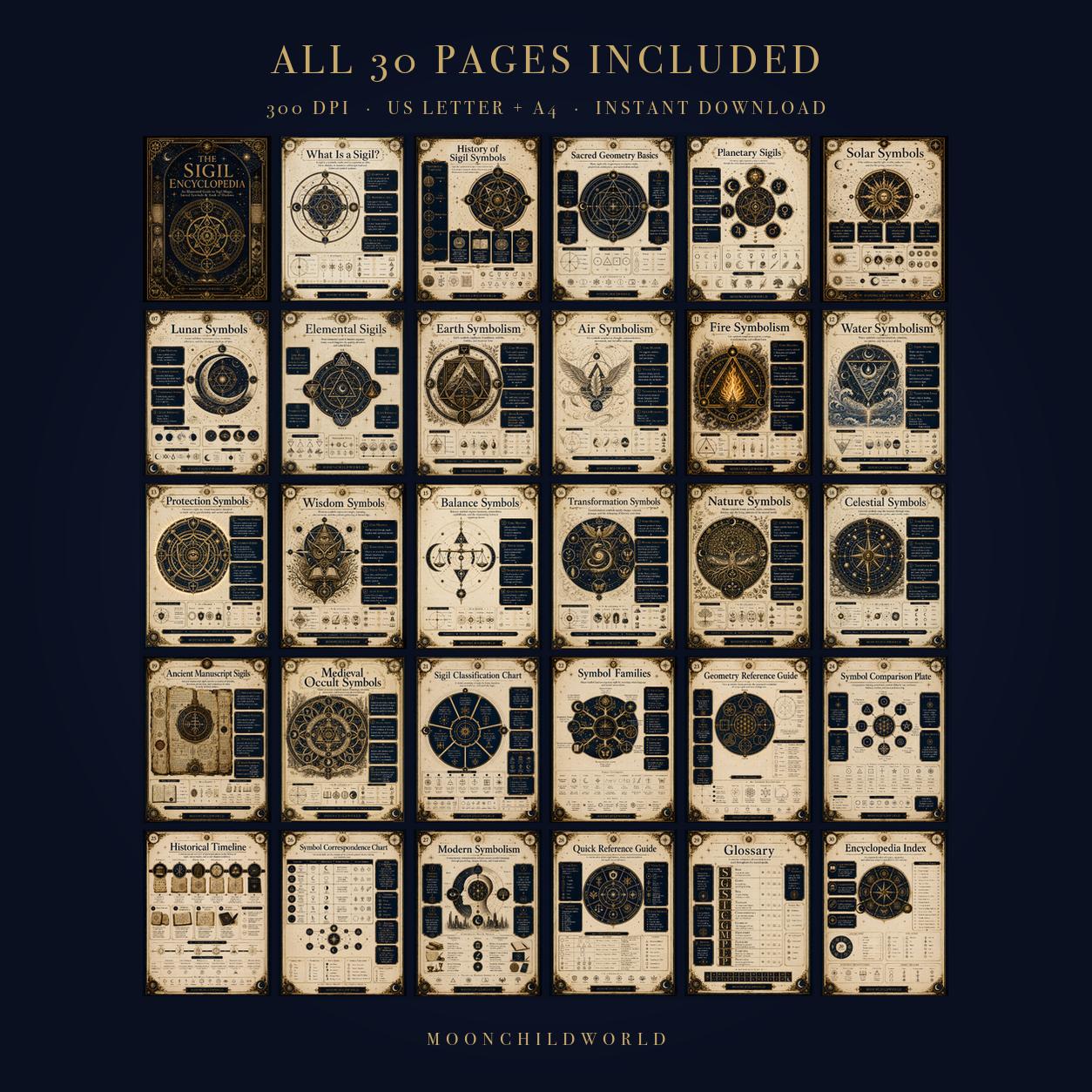Thirty pages of a sigil encyclopedia featuring black geometric occult symbols on aged parchment paper backgrounds.