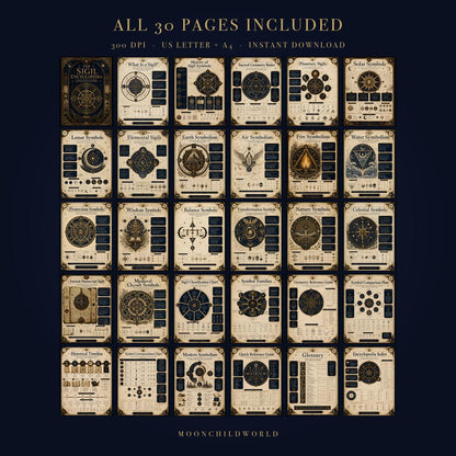 Thirty pages of a sigil encyclopedia featuring black geometric occult symbols on aged parchment paper backgrounds.
