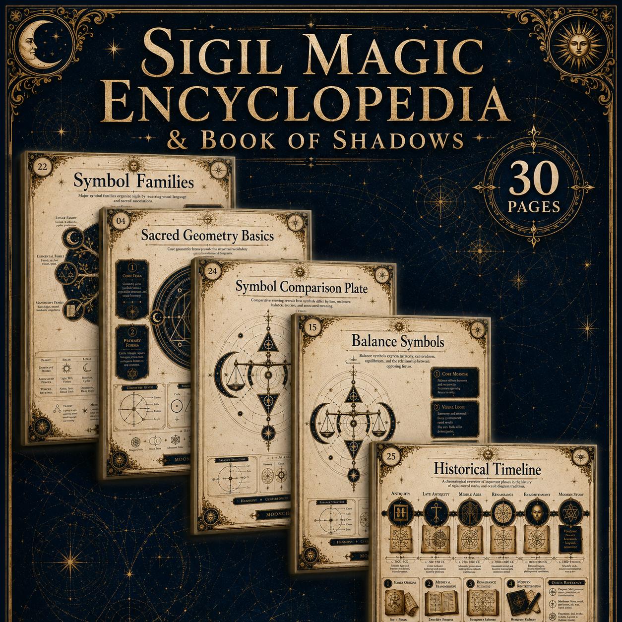 Thirty pages of a Sigil Magic Encyclopedia featuring aged parchment paper, intricate black geometric linework, and occult symbols.