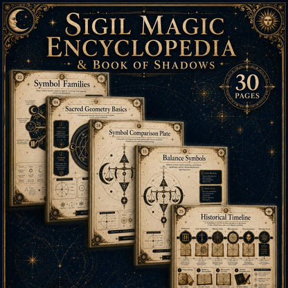 Thirty pages of a Sigil Magic Encyclopedia featuring aged parchment paper, intricate black geometric linework, and occult symbols.