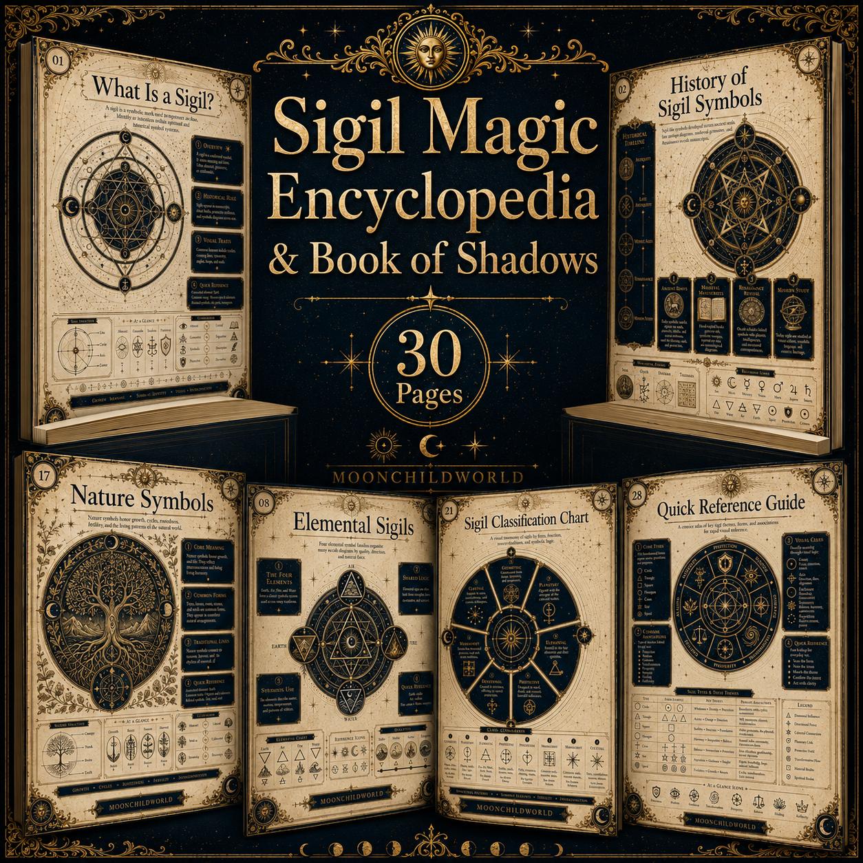 Aged parchment pages featuring gold geometric sigils, occult symbols, and detailed charts for a 30-page printable grimoire.