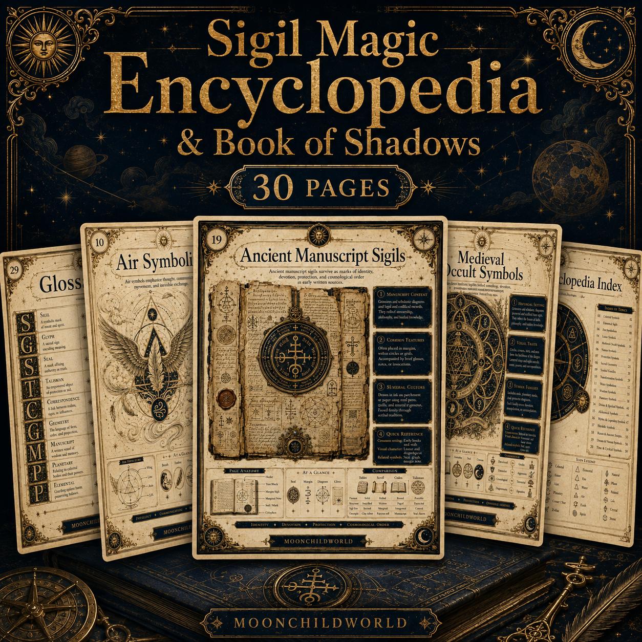 Aged parchment pages featuring intricate black occult sigils, sacred geometry, and celestial illustrations for a grimoire.