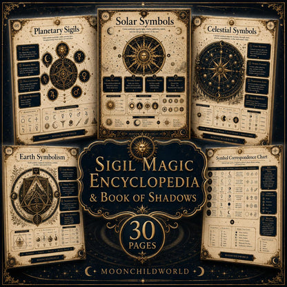 Aged parchment pages featuring occult sigils, sacred geometry, and celestial symbols in a dark, ornate, vintage manuscript style.