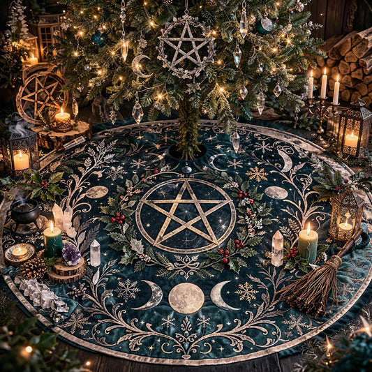 Dark teal velvet Yule tree skirt with a central pentagram, moons, stars, and botanical silver embroidery.