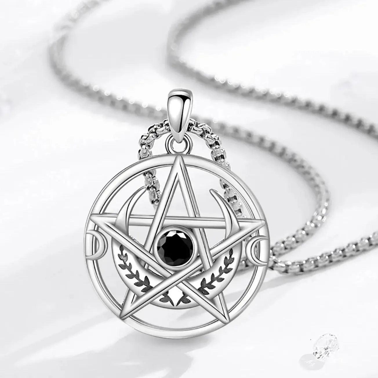 Silver Pentagram Necklace Black Zircon Triple Moon Pentacle Necklace Wiccan Pagan Jewelry-MoonChildWorld