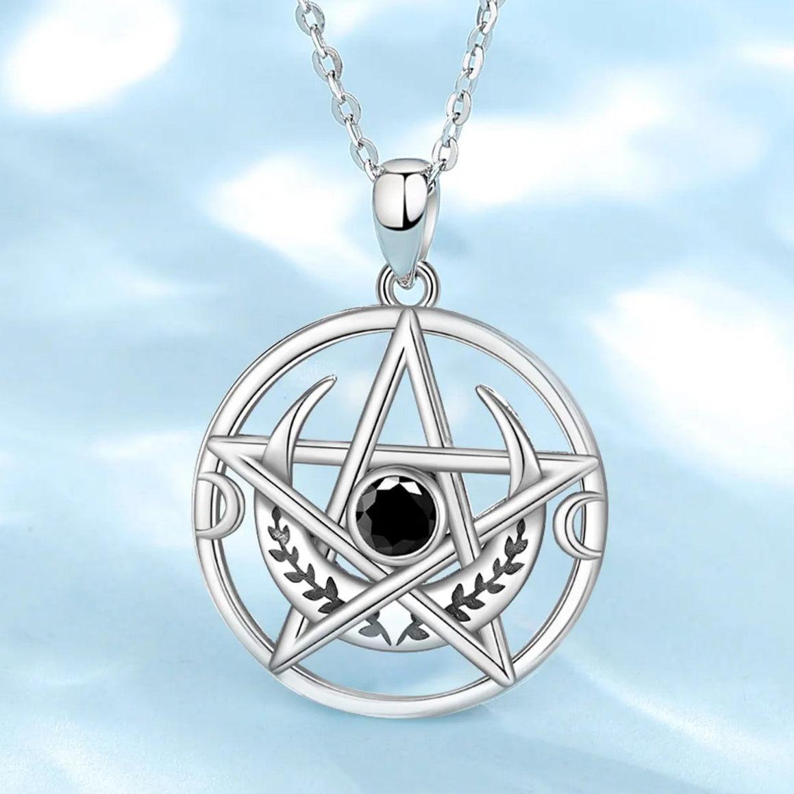 Silver Pentagram Necklace Black Zircon Triple Moon Pentacle Necklace Wiccan Pagan Jewelry-MoonChildWorld
