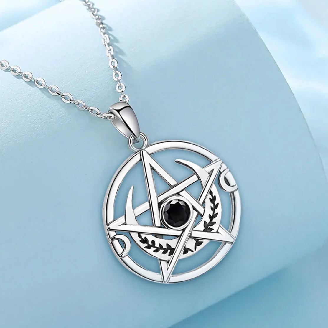 Silver Pentagram Necklace Black Zircon Triple Moon Pentacle Necklace Wiccan Pagan Jewelry-MoonChildWorld