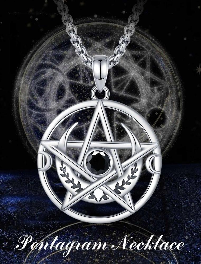 Silver Pentagram Necklace Black Zircon Triple Moon Pentacle Necklace Wiccan Pagan Jewelry-MoonChildWorld