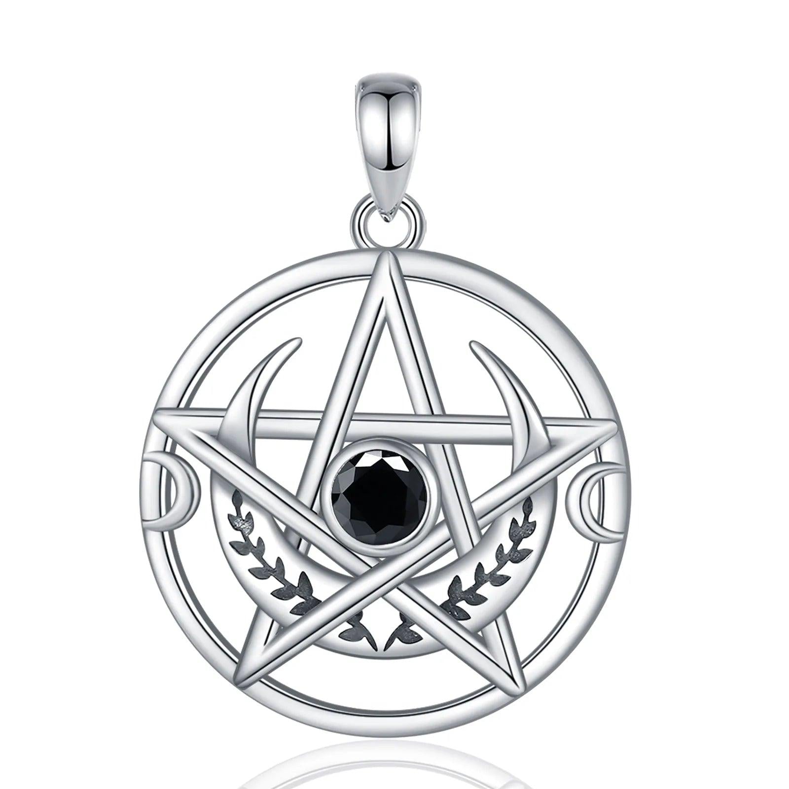 Silver Pentagram Necklace Black Zircon Triple Moon Pentacle Necklace Wiccan Pagan Jewelry-MoonChildWorld