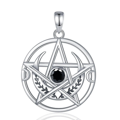 Silver Pentagram Necklace Black Zircon Triple Moon Pentacle Necklace Wiccan Pagan Jewelry-MoonChildWorld