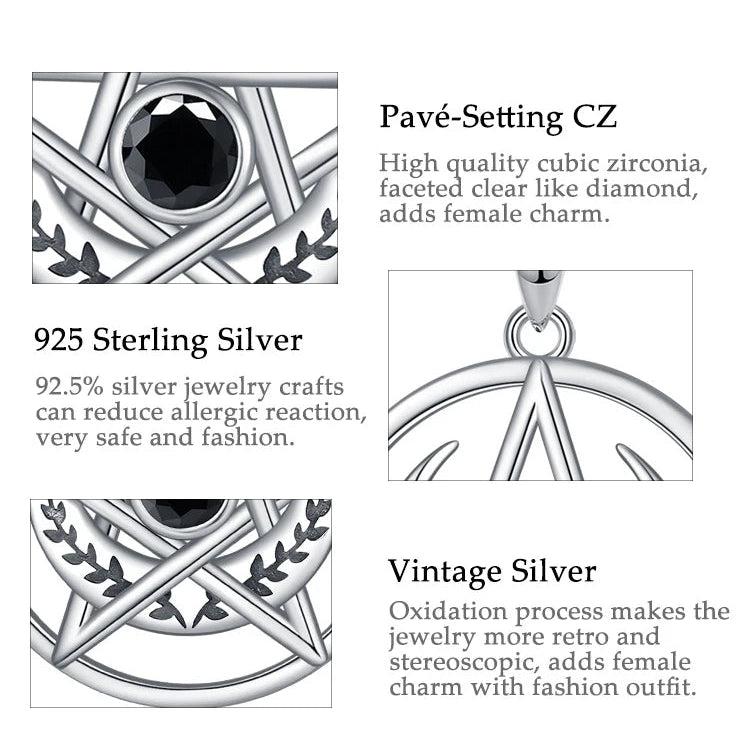 Silver Pentagram Necklace Black Zircon Triple Moon Pentacle Necklace Wiccan Pagan Jewelry-MoonChildWorld