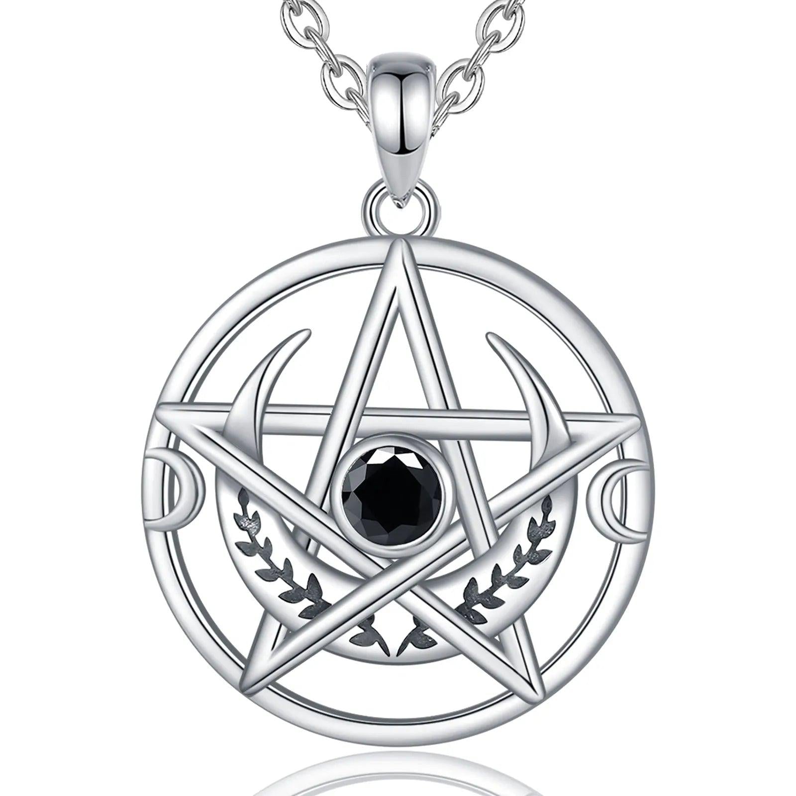 Silver Pentagram Necklace Black Zircon Triple Moon Pentacle Necklace Wiccan Pagan Jewelry-MoonChildWorld