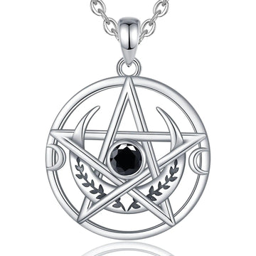 Silver Pentagram Necklace Black Zircon Triple Moon Pentacle Necklace Wiccan Pagan Jewelry-MoonChildWorld
