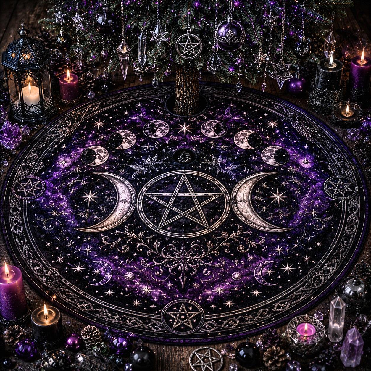 Wiccan yule tree skirt with a pentacle and moon phases design, surrounded by candles and crystals.