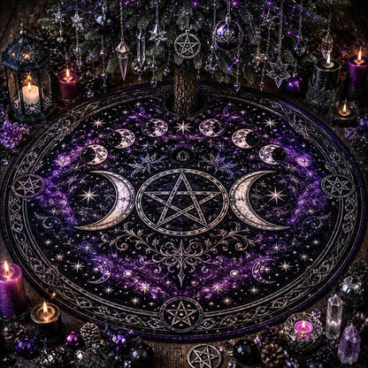 Wiccan yule tree skirt with a pentacle and moon phases design, surrounded by candles and crystals.