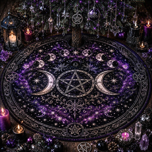 Wiccan yule tree skirt with a pentacle and moon phases design, surrounded by candles and crystals.