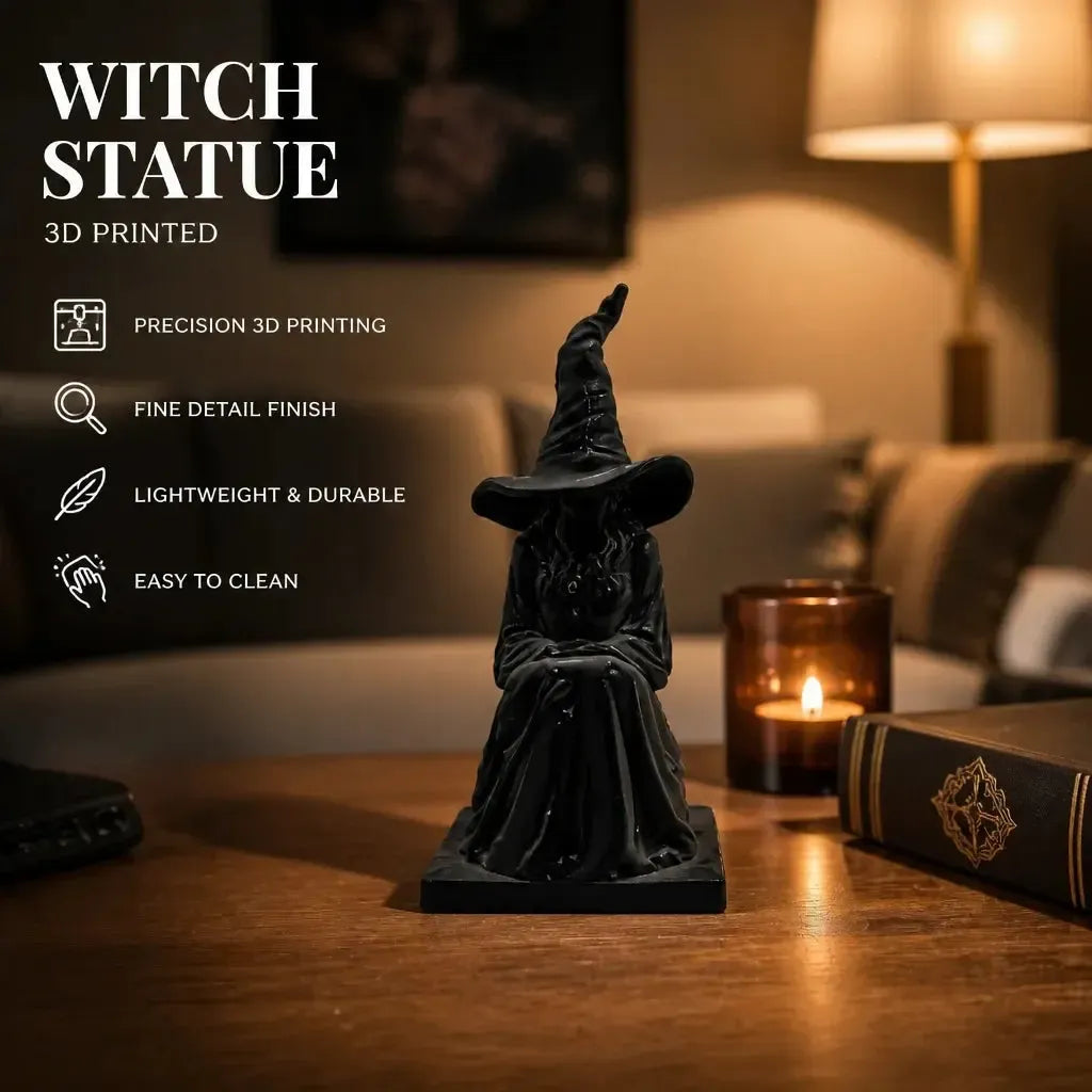 Seated witch statue on a warmly lit tabletop