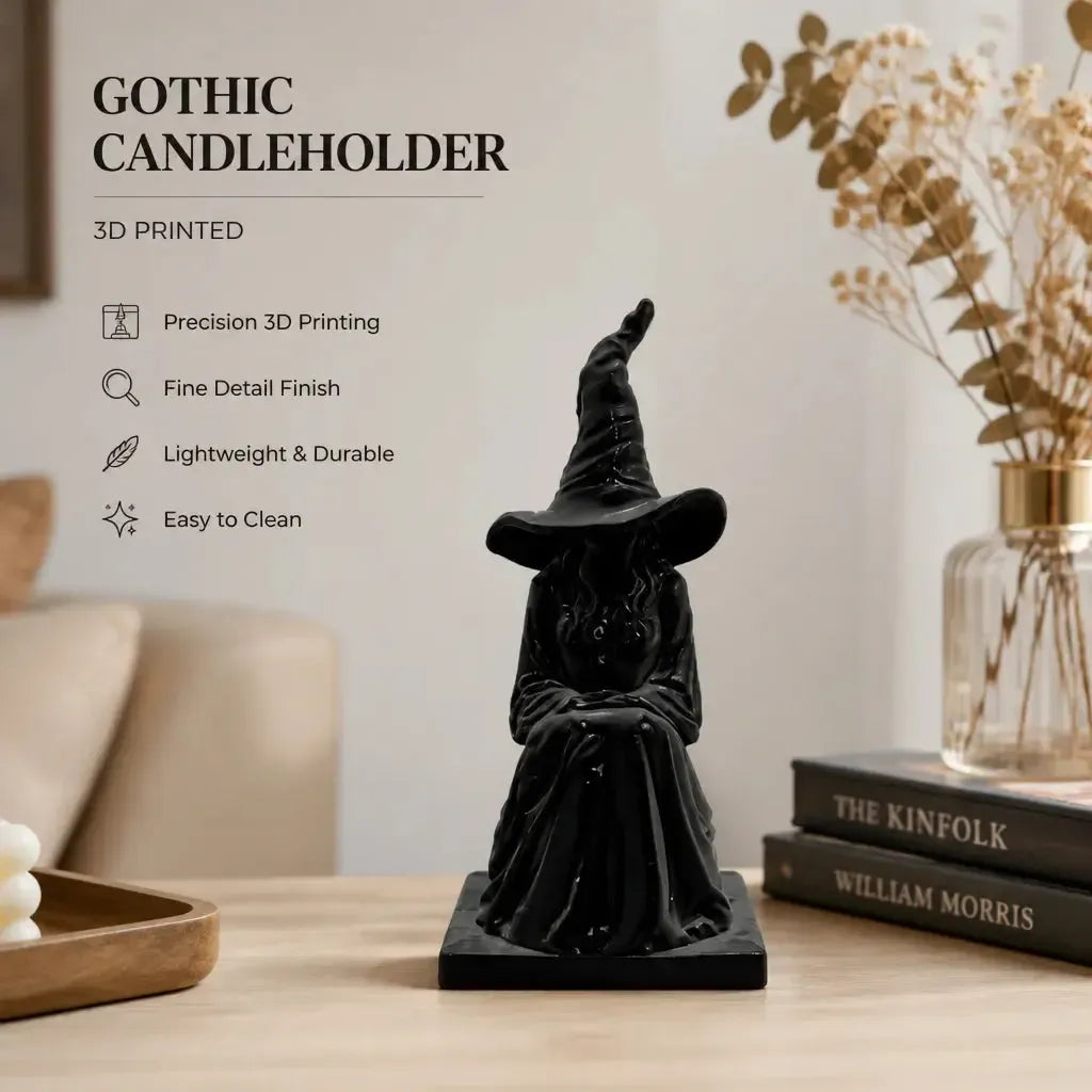 Witch statue beside books with feature callouts