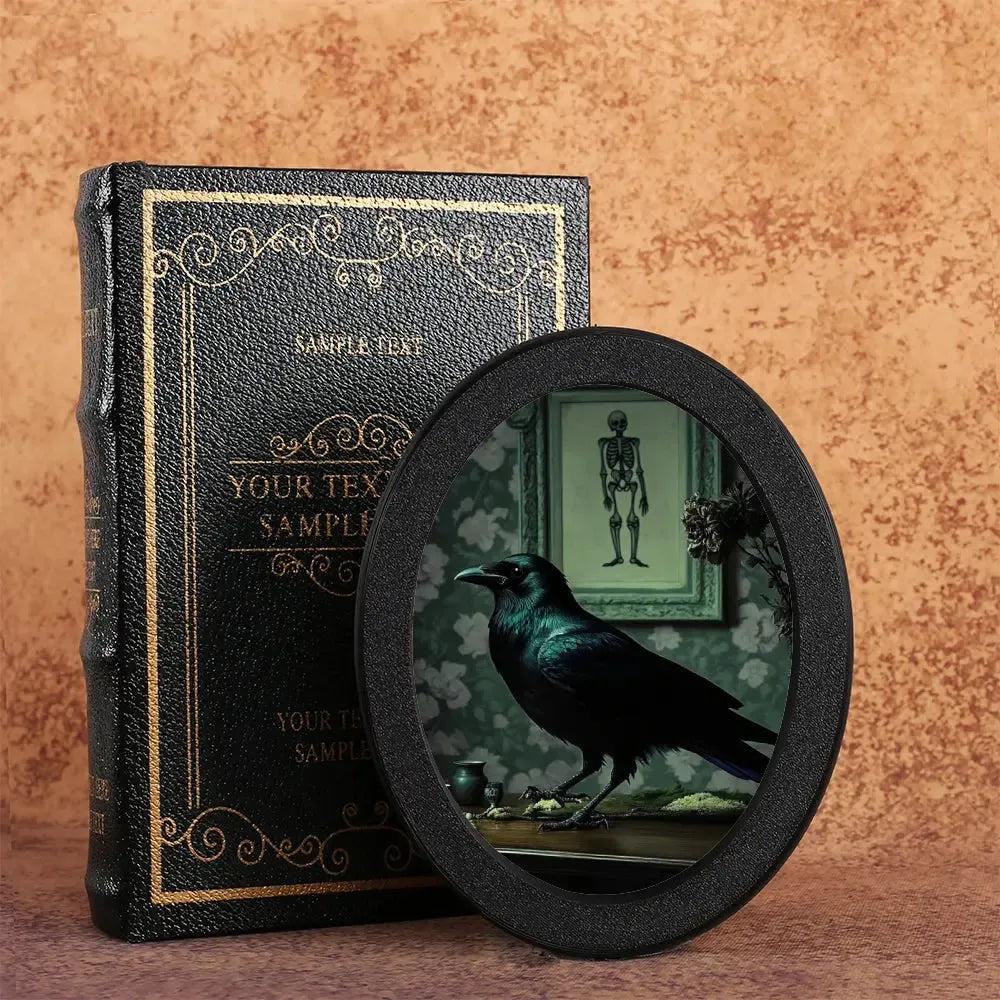 Skelaton Dark Crow Wall Art - Witchy Black Raven Gothic Wooden Oval Frame Halloween Wall Decoration-MoonChildWorld