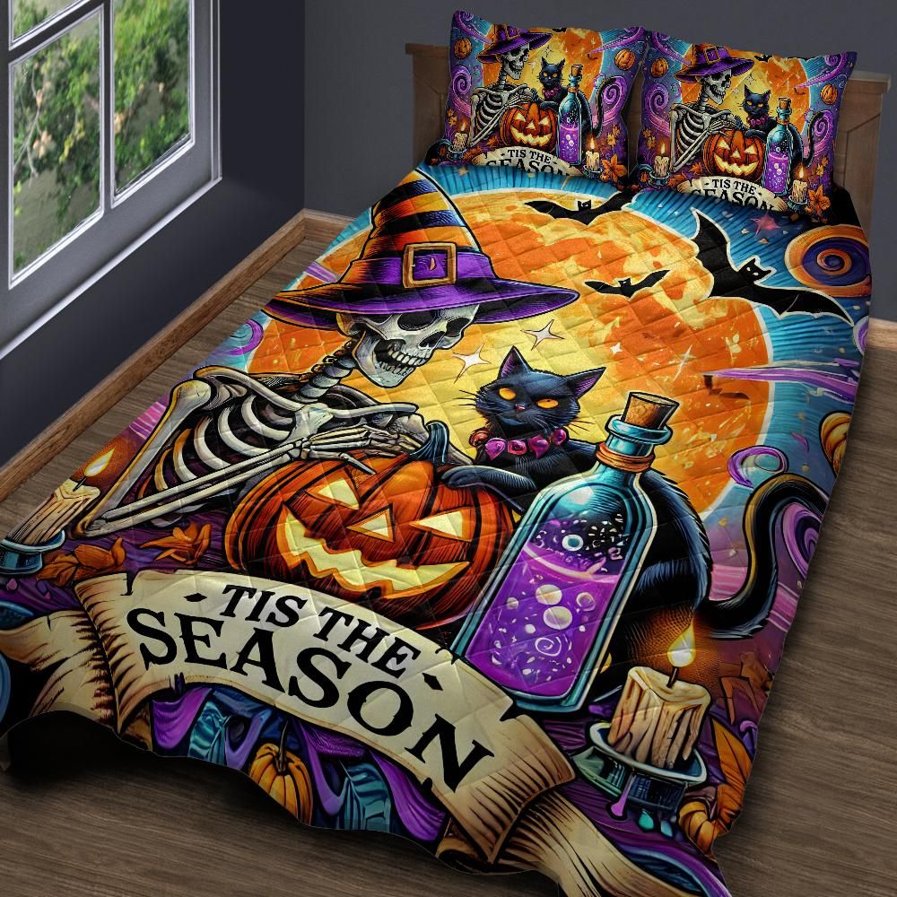Skelaton Witch Black Cat Spooky Quilt Bedding Set for Halloween-MoonChildWorld
