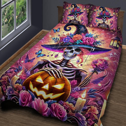 Skelaton Witch Quilt Bedding Set for Halloween-MoonChildWorld
