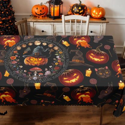 Skeleton black cat Halloween tablecloth with gothic floral decor