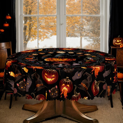 Skeleton black cat Halloween tablecloth with gothic floral decor