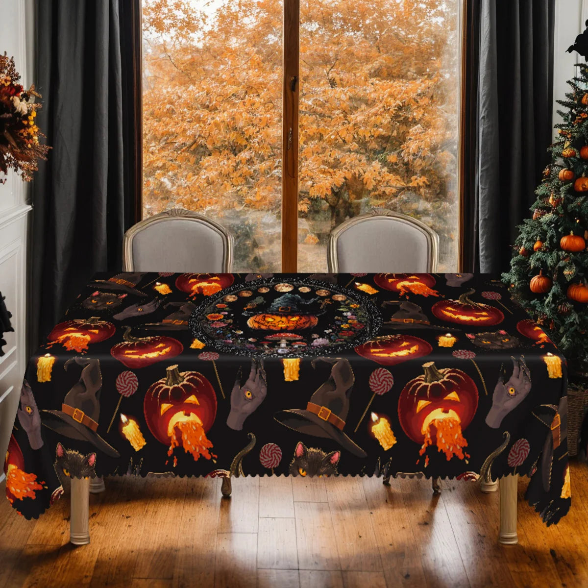 Skeleton black cat Halloween tablecloth with gothic floral decor