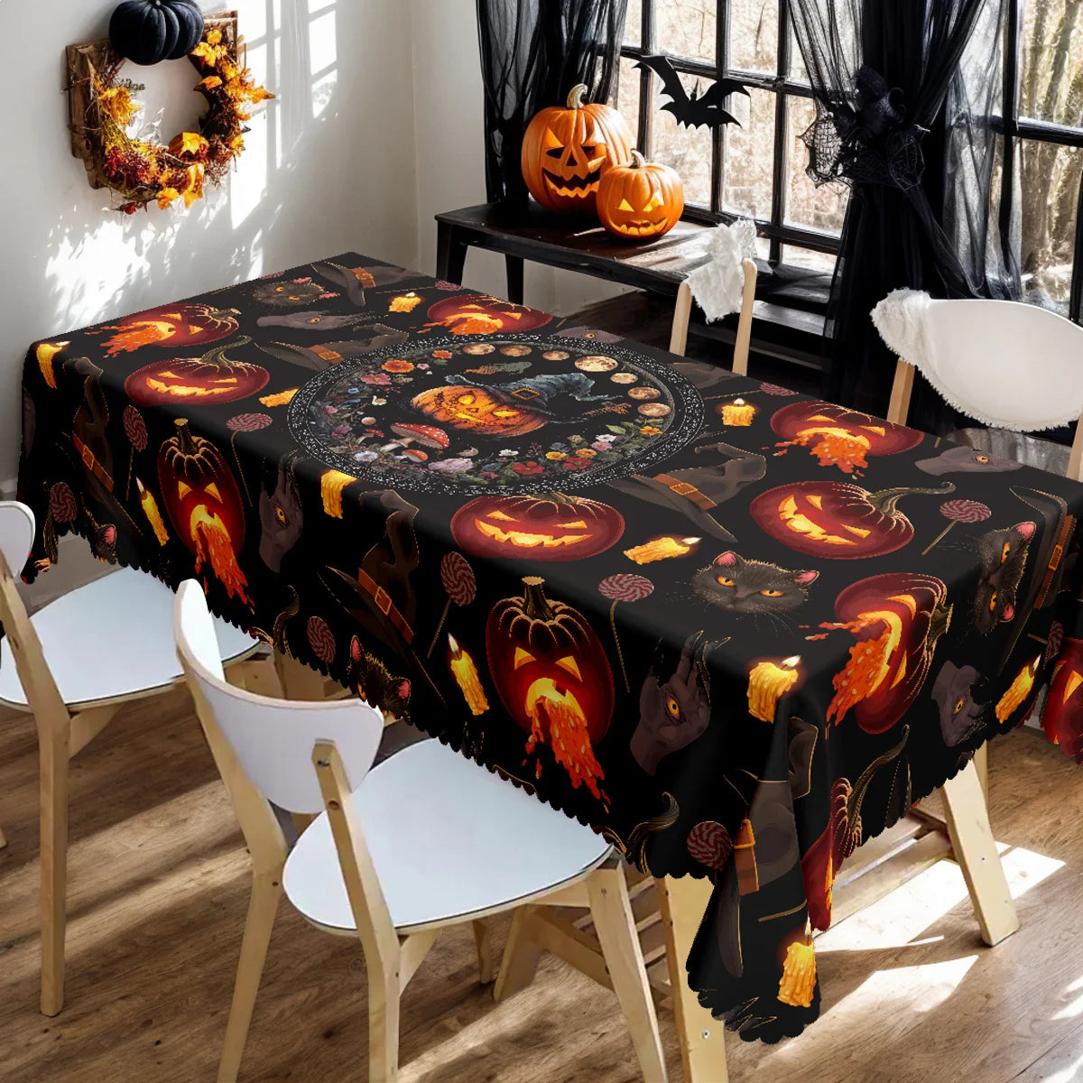 Skeleton black cat Halloween tablecloth with gothic floral decor