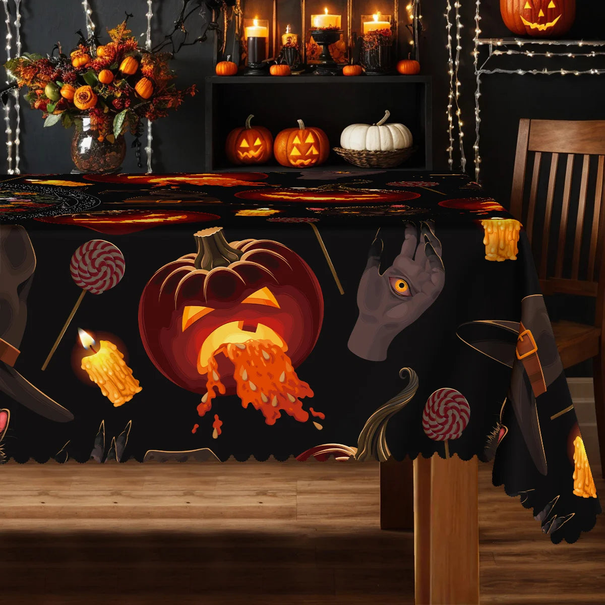 Skeleton black cat Halloween tablecloth with gothic floral decor