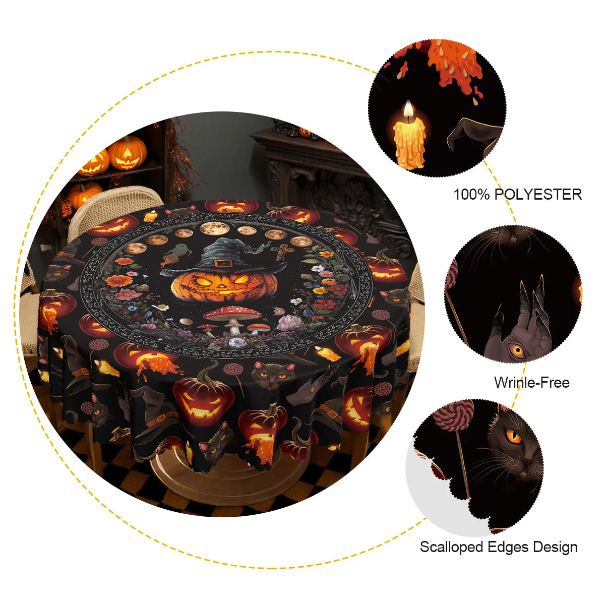 Skeleton black cat Halloween tablecloth with gothic floral decor