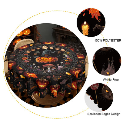 Skeleton black cat Halloween tablecloth with gothic floral decor