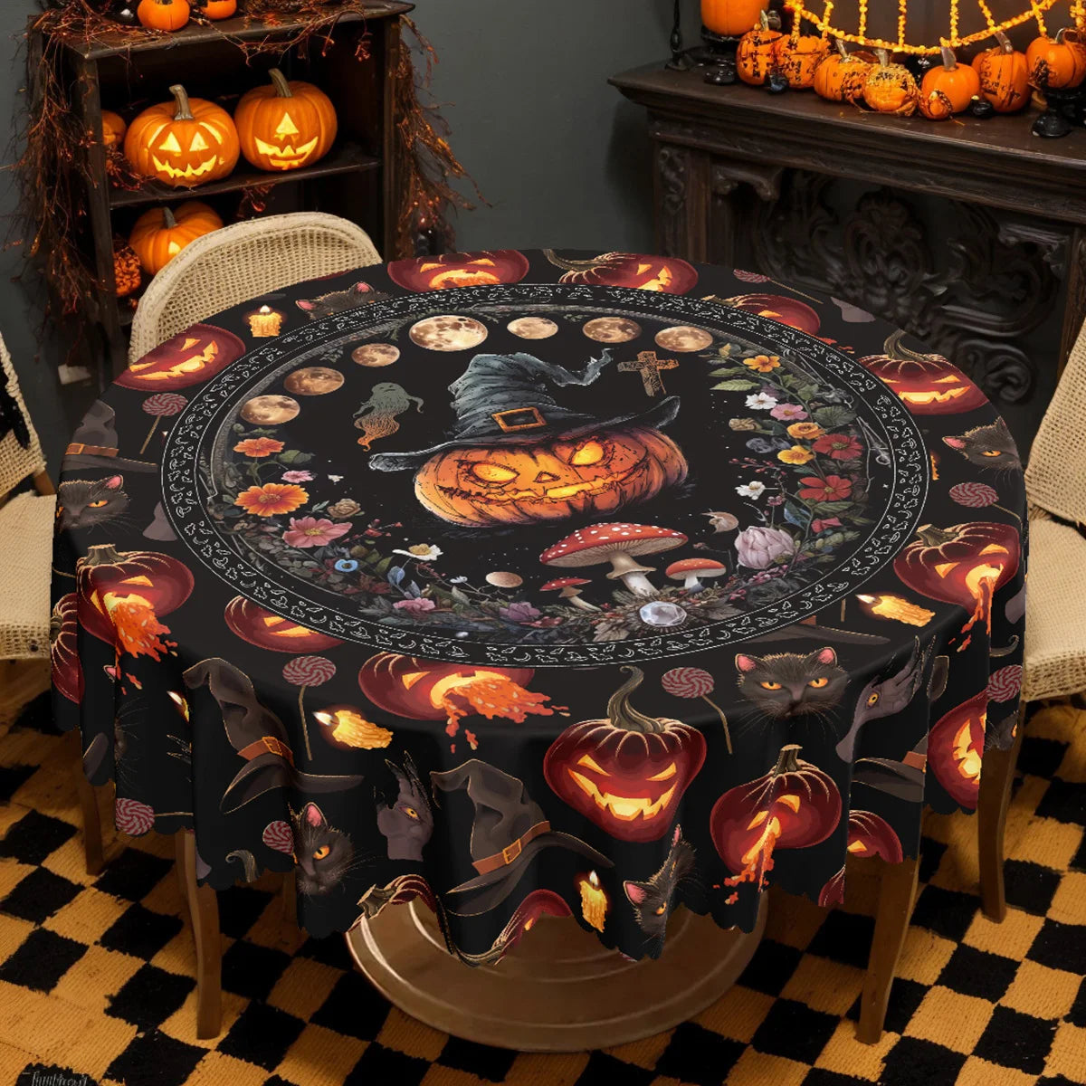 Skeleton black cat Halloween tablecloth with gothic floral decor