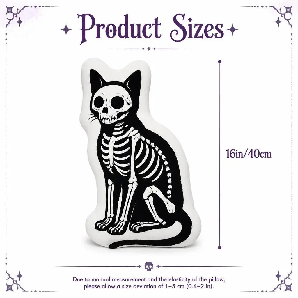 Size guide showing 16 inch / 40 cm: decorative plush pillow featuring skeletal cat illustration