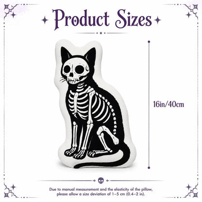 Size guide showing 16 inch / 40 cm: decorative plush pillow featuring skeletal cat illustration