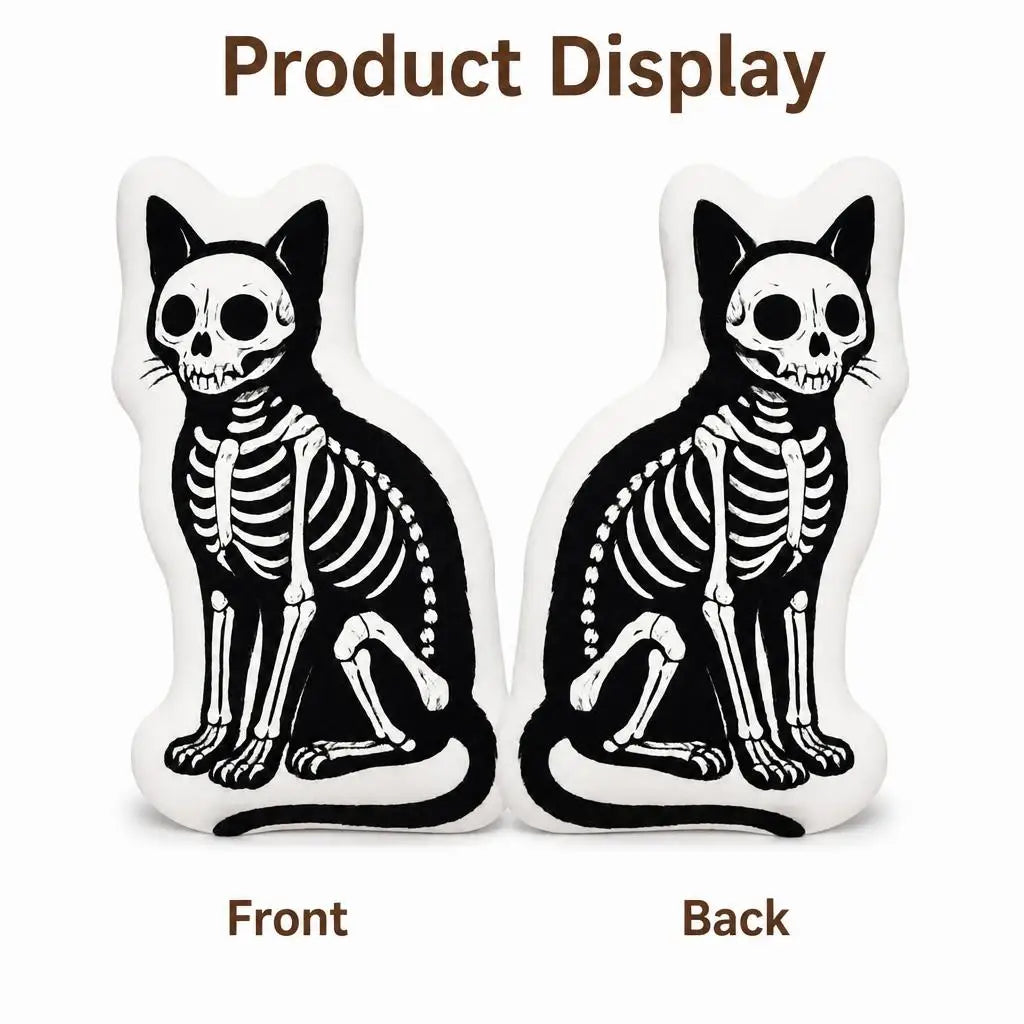 Front and back views: decorative plush pillow featuring skeletal cat illustration