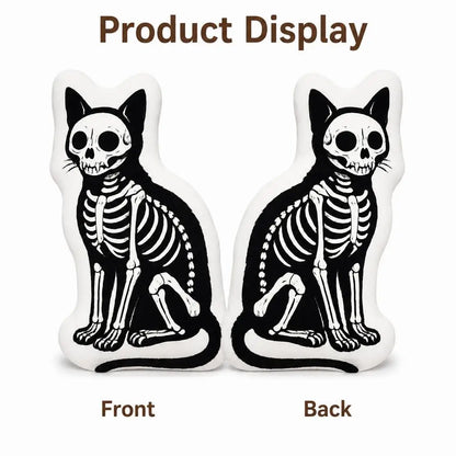 Front and back views: decorative plush pillow featuring skeletal cat illustration