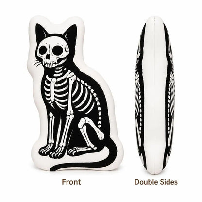 Front and side profile: decorative plush pillow featuring skeletal cat illustration