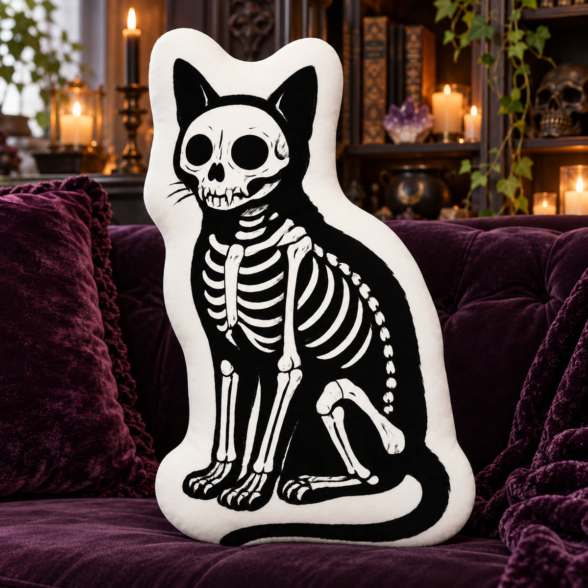 Skeleton Cat Plush Pillow in a sunlit witchy room