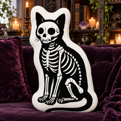 Skeleton Cat Plush Pillow in a sunlit witchy room