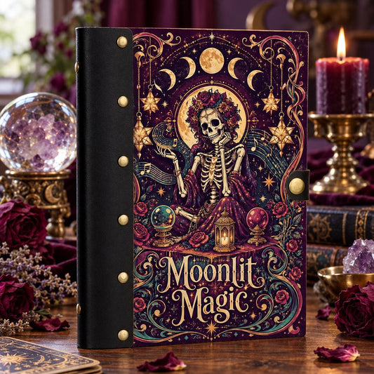 Skeleton Crystal Ball Journal - Moon Phase Witch Grimoire on a candlelit pagan ritual altar