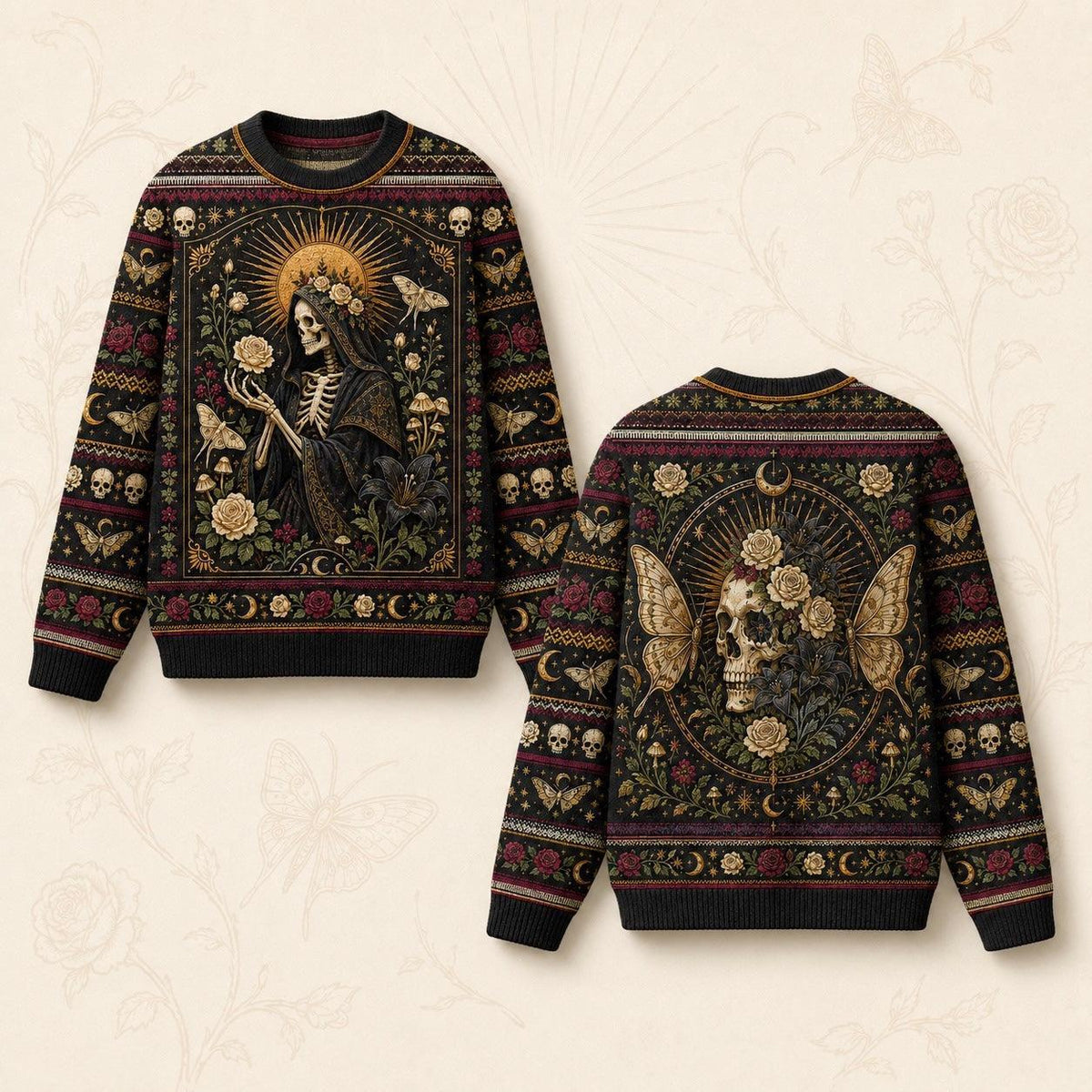 Skeleton Saint Sweater Death Head Moth Skull Gothic Knit front and back together