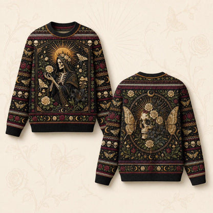 Skeleton Saint Sweater Death Head Moth Skull Gothic Knit front and back together