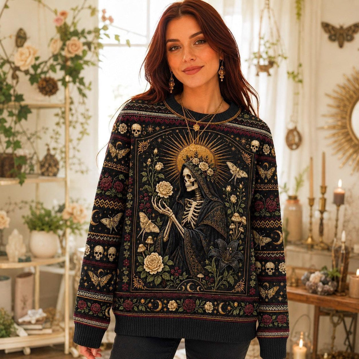 Skeleton Saint Sweater Death Head Moth Skull Gothic Knit worn, front view
