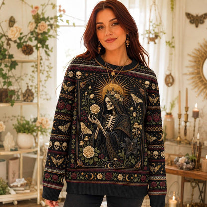 Skeleton Saint Sweater Death Head Moth Skull Gothic Knit worn, front view