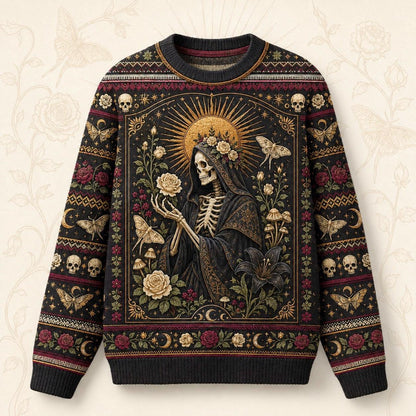 Skeleton Saint Sweater Death Head Moth Skull Gothic Knit front view
