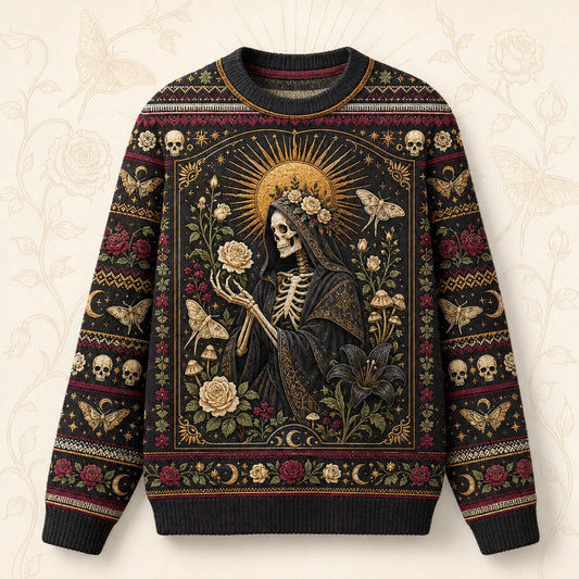 Skeleton Saint Sweater Death Head Moth Skull Gothic Knit front view
