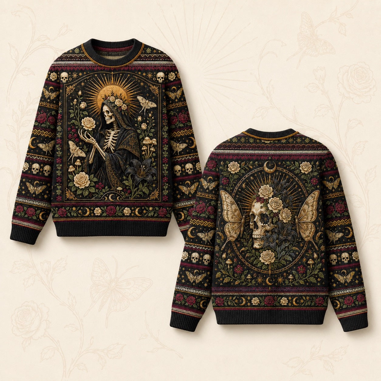 Skeleton Saint Sweater Death Head Moth Skull Gothic Knit front and back together