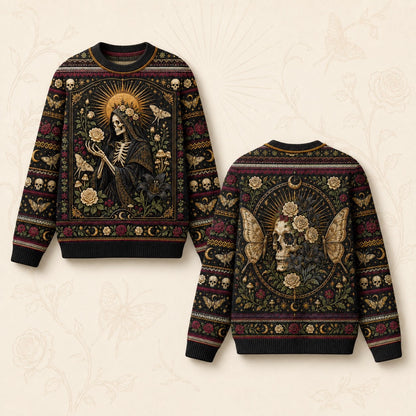 Skeleton Saint Sweater Death Head Moth Skull Gothic Knit front and back together